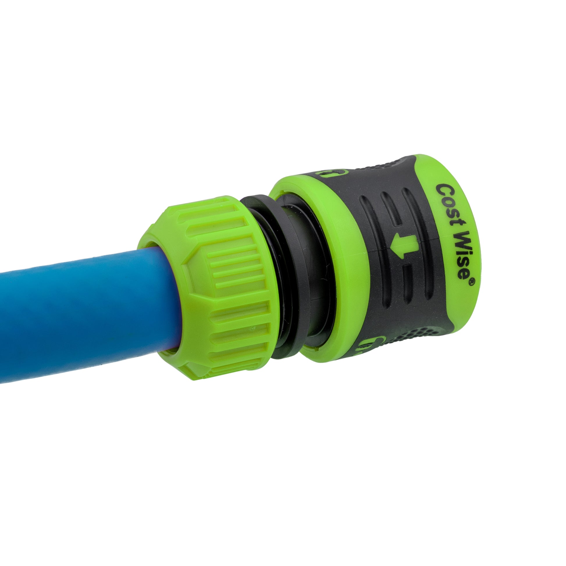 Side view of green 1/2" click-lock hose connector on blue hose