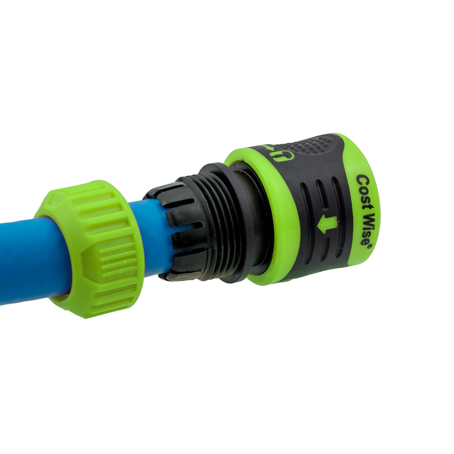 Front connection of green 1/2" hose connector with blue hose inserted