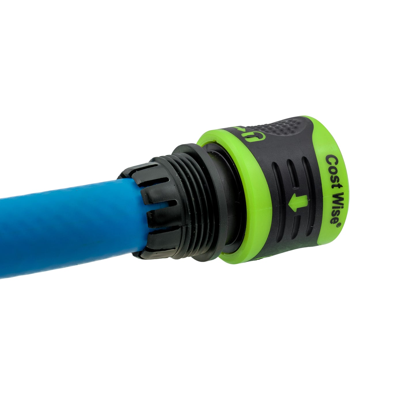 Close-up side of green 1/2" click and lock hose connector on blue hose
