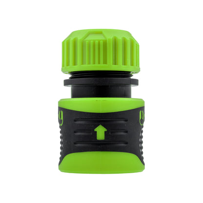 Front view of green 1/2" click and lock hose connector with locking arrow