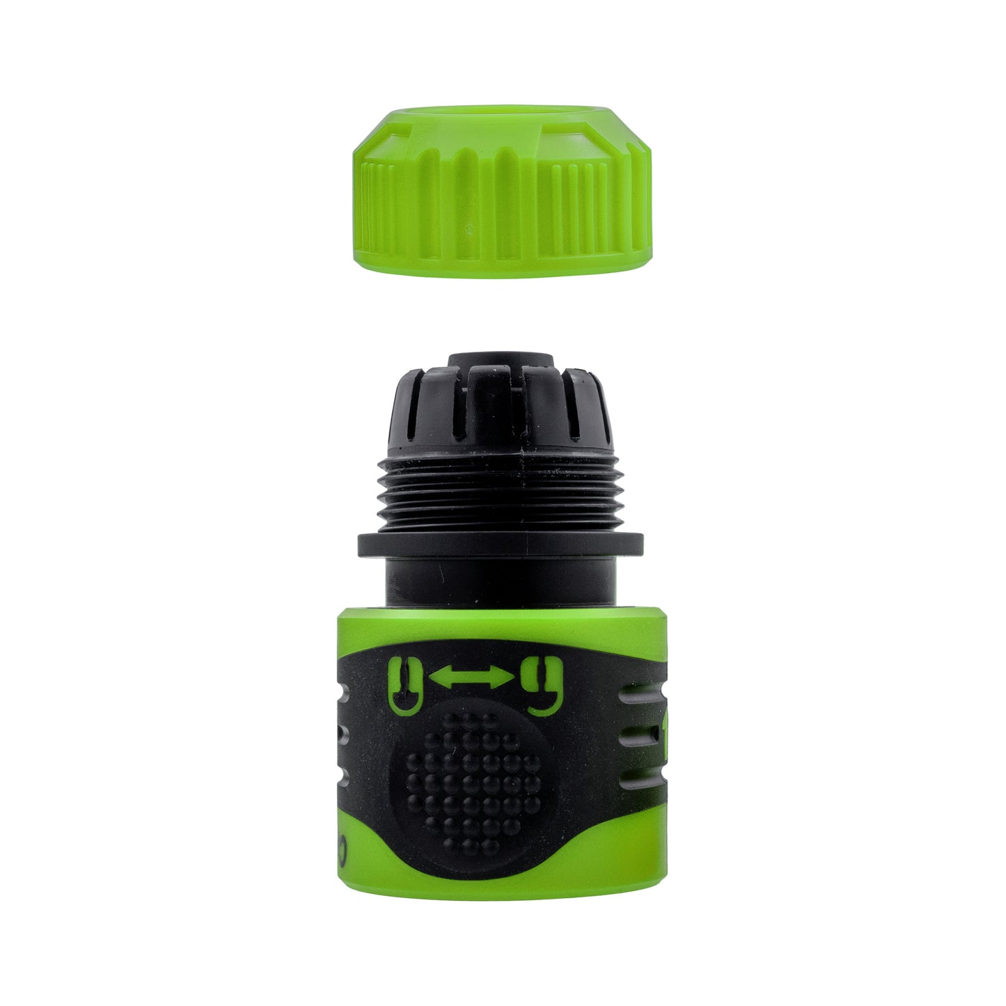 1/2" hose connector showing green cap and black threads for fitting