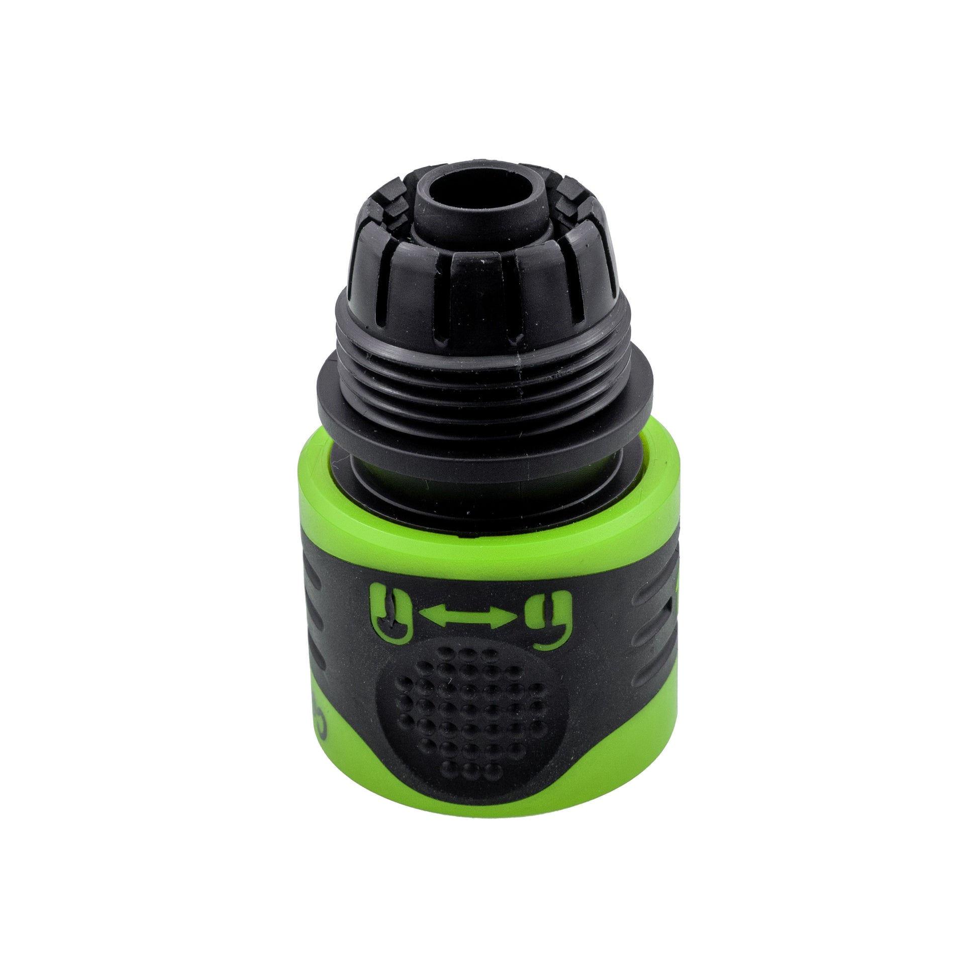 Green and black click-lock hose connector, 1/2" with open connection