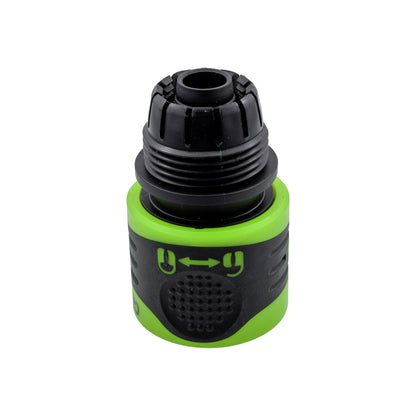 Green and black click-lock hose connector, 1/2" with open connection