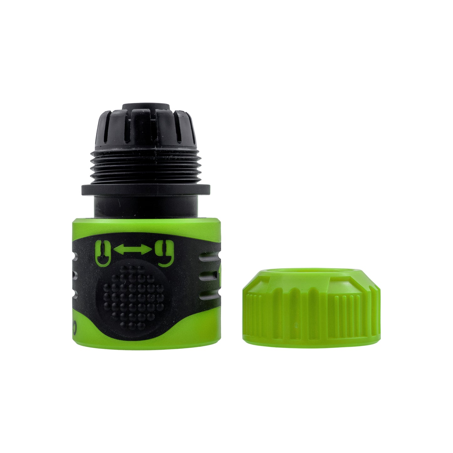 Green 1/2" click-lock hose connector with cap shown separately