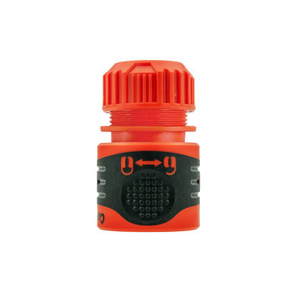 Orange threaded end cap with black insert and locking symbols on quick connect valve