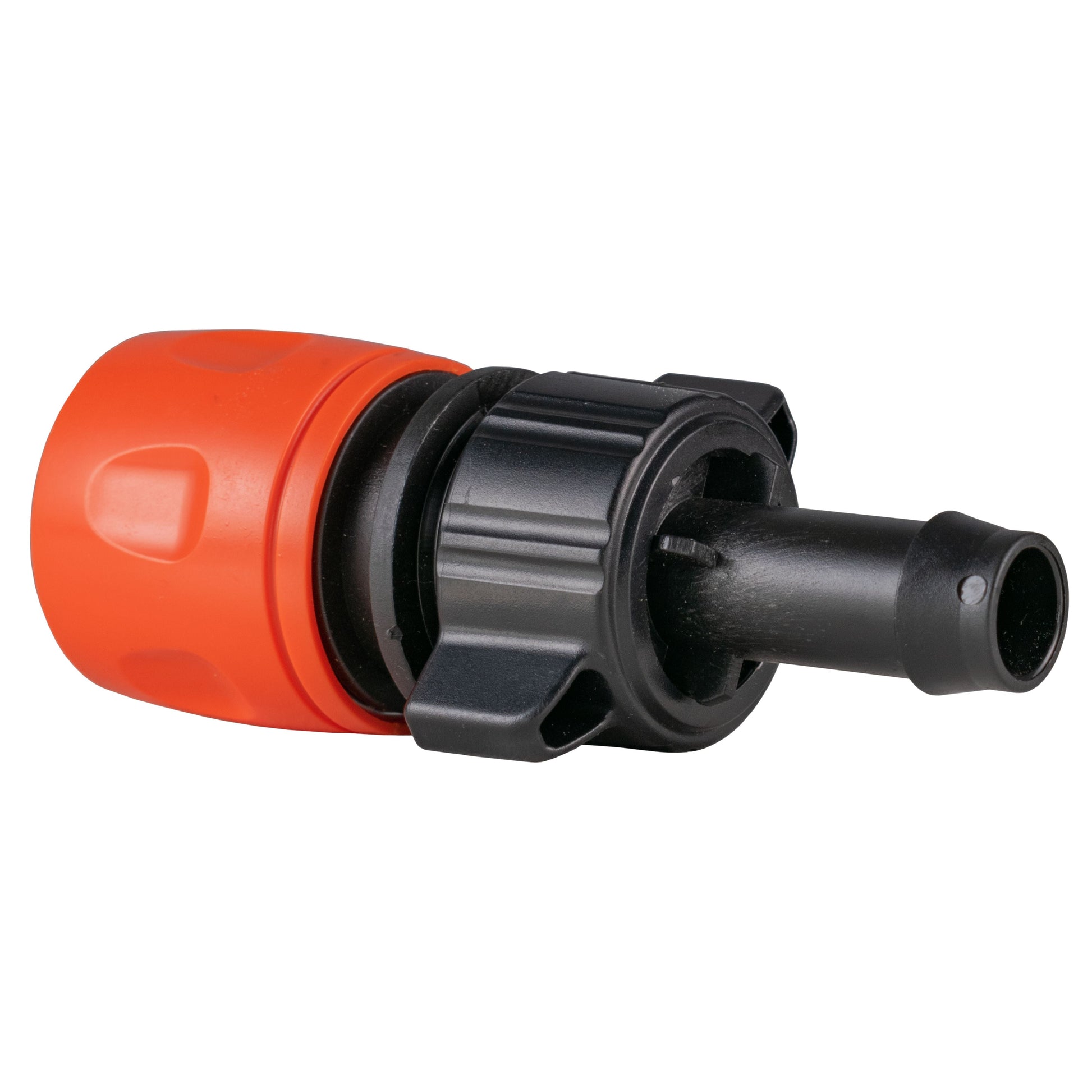 16mm straight barbed quick-connect coupling, orange ring with black locking collar