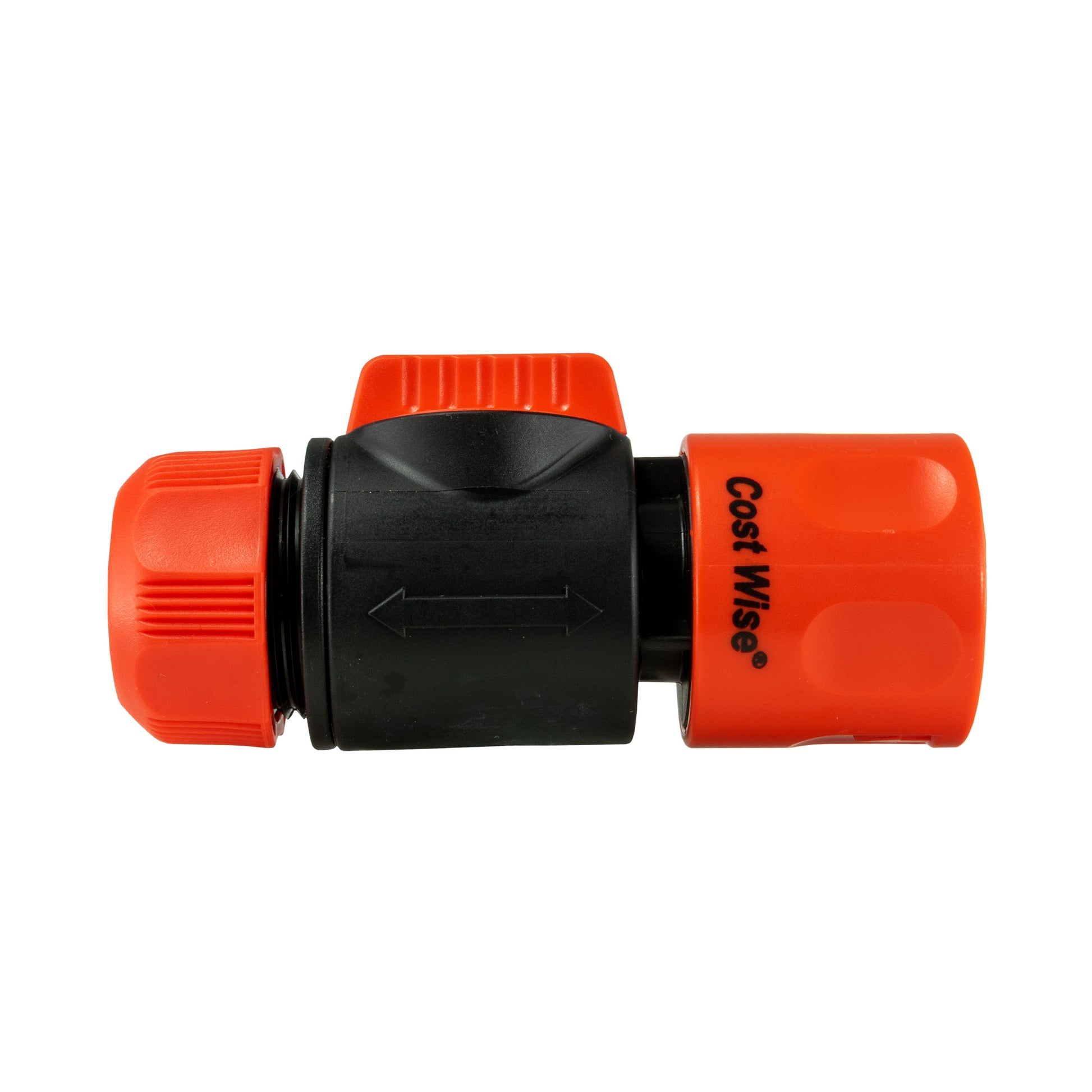 Hose connector valve with central black lever and orange threaded connector ends