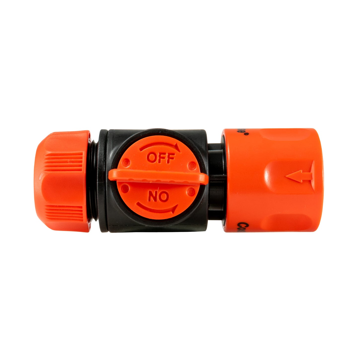 Orange hose connector valve with ON/OFF markings on black circular selector