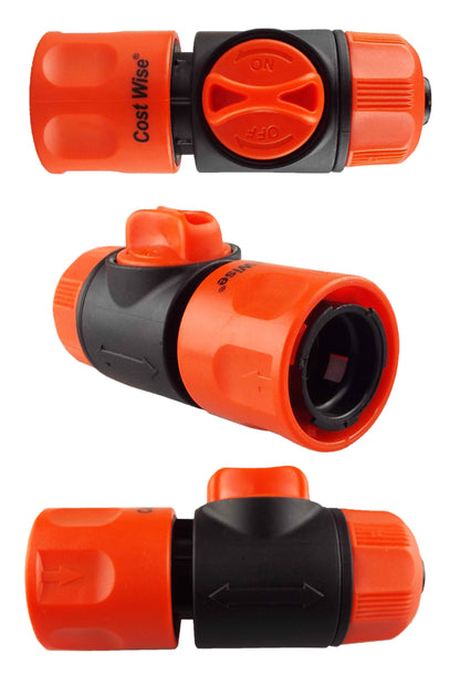 Set of views of hose connector with valve: ON/OFF dial and side connection opening