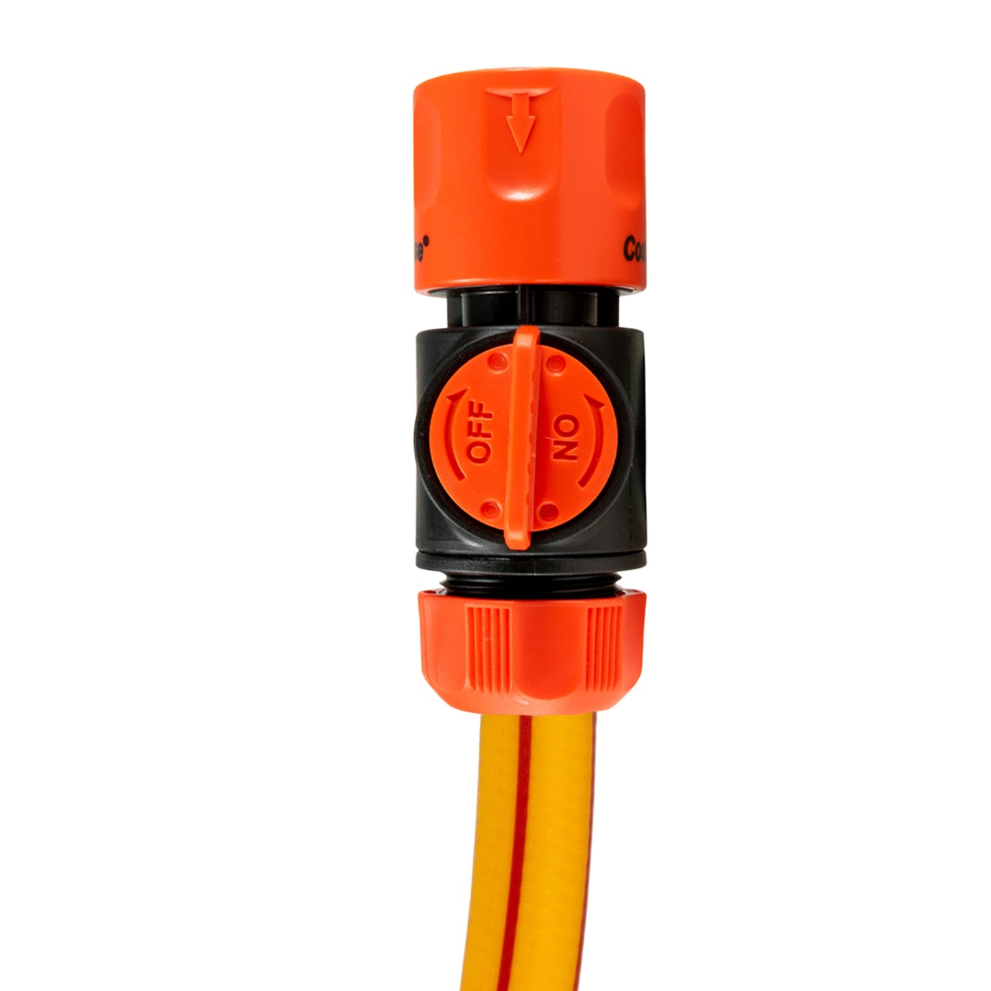Cost Wise hose connector with valve, orange lever and ON/OFF switch, black housing