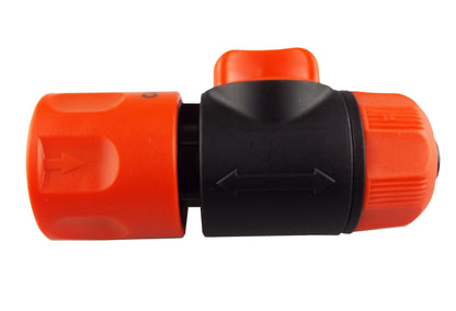 Orange hose connector with valve, side profile with black central collar and end caps
