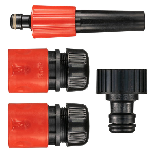 Hose connector set with red and black nozzle adapters, showing threaded fittings