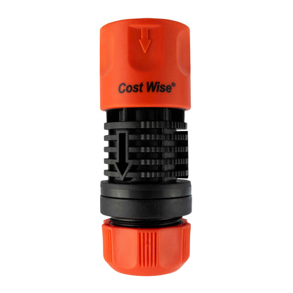 Water flow connector, orange housing with arrow markings and black coupler ends