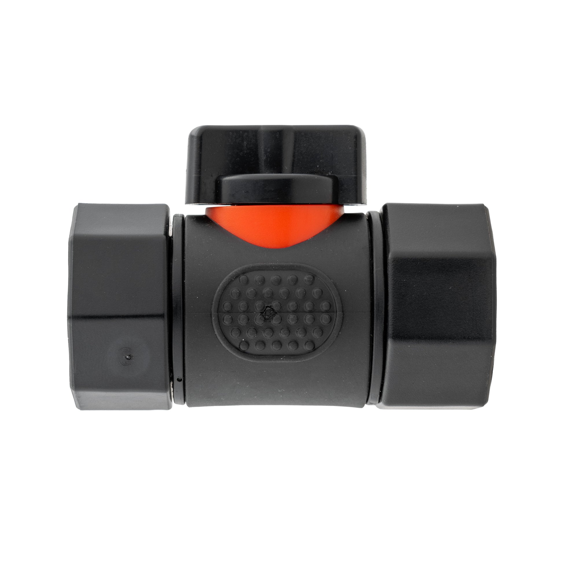 In-line BSPF valve with orange indicator, two 16mm barbed straight connectors, black body