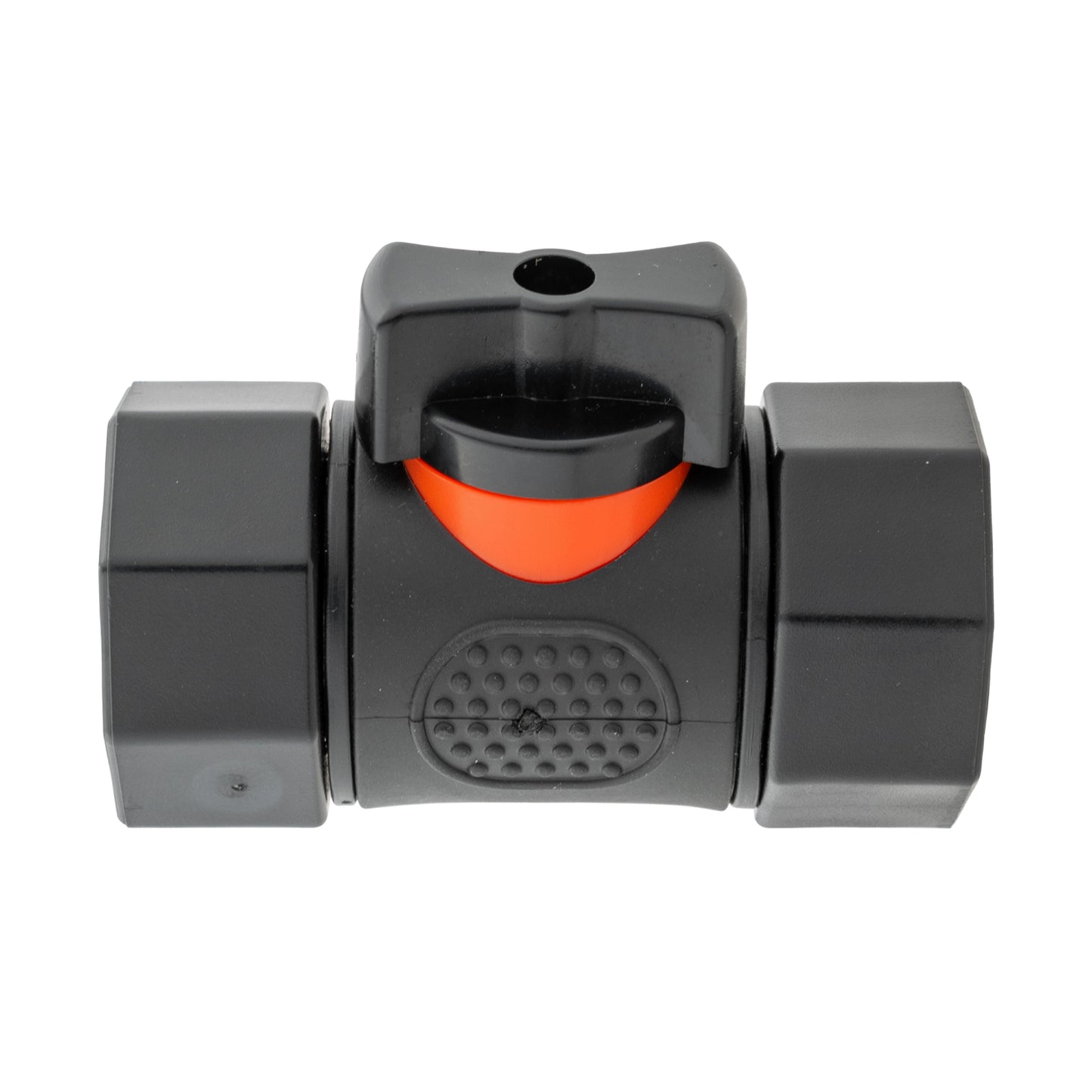 Inline BSPF valve front close-up with black body, orange/red indicator and center texture