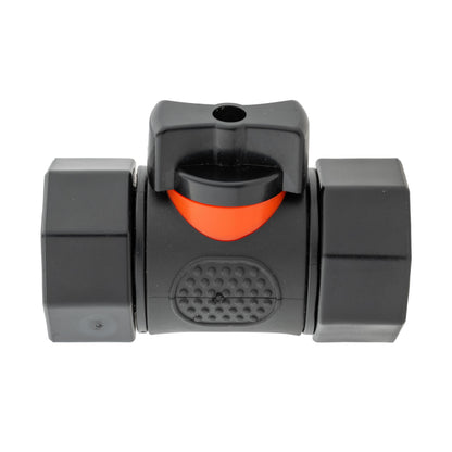 Inline BSPF valve front close-up with black body, orange/red indicator and center texture