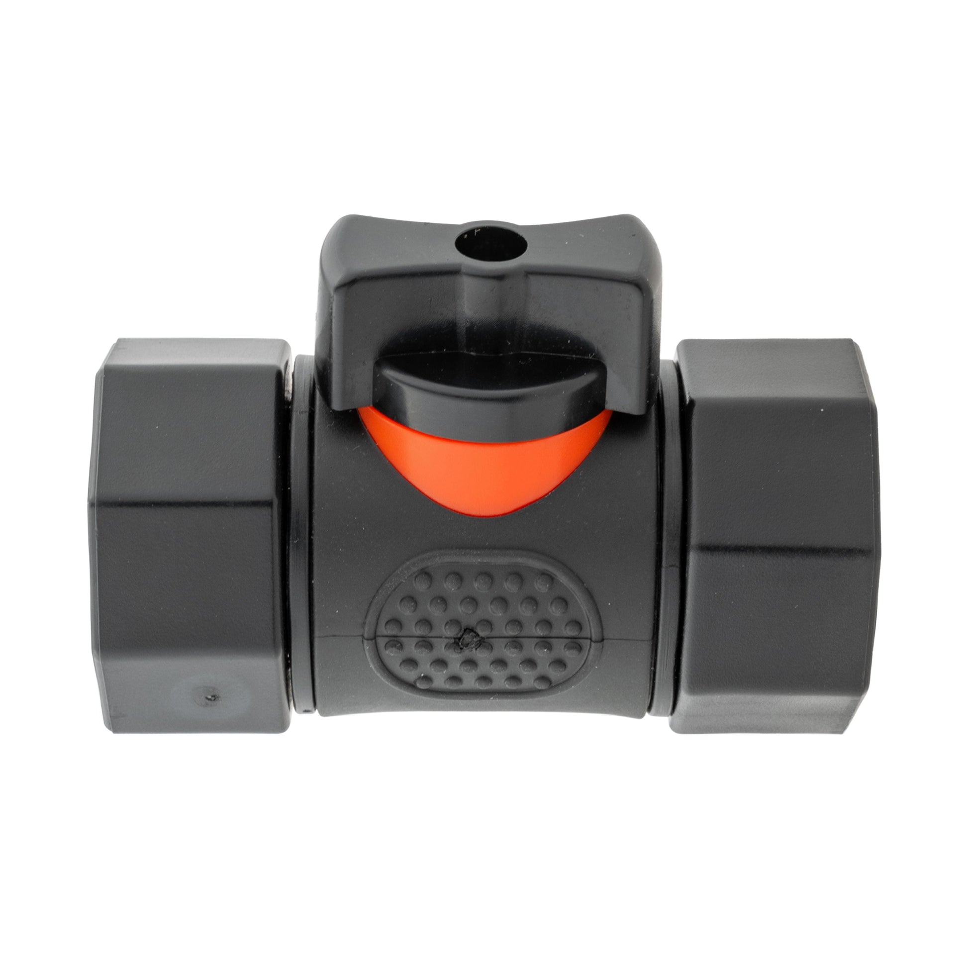 In-line BSPF valve connector, front view with orange wedge and textured insert
