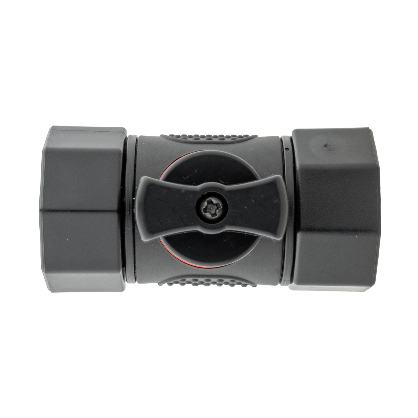 In-line connector valve with central hand knob and ridged grip, black and orange