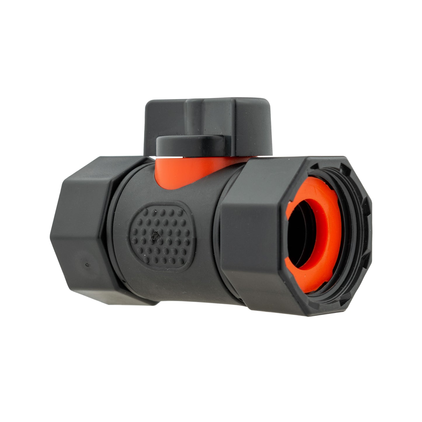 Hose connector with inline valve, black housing and side outlet ports with orange inner seal