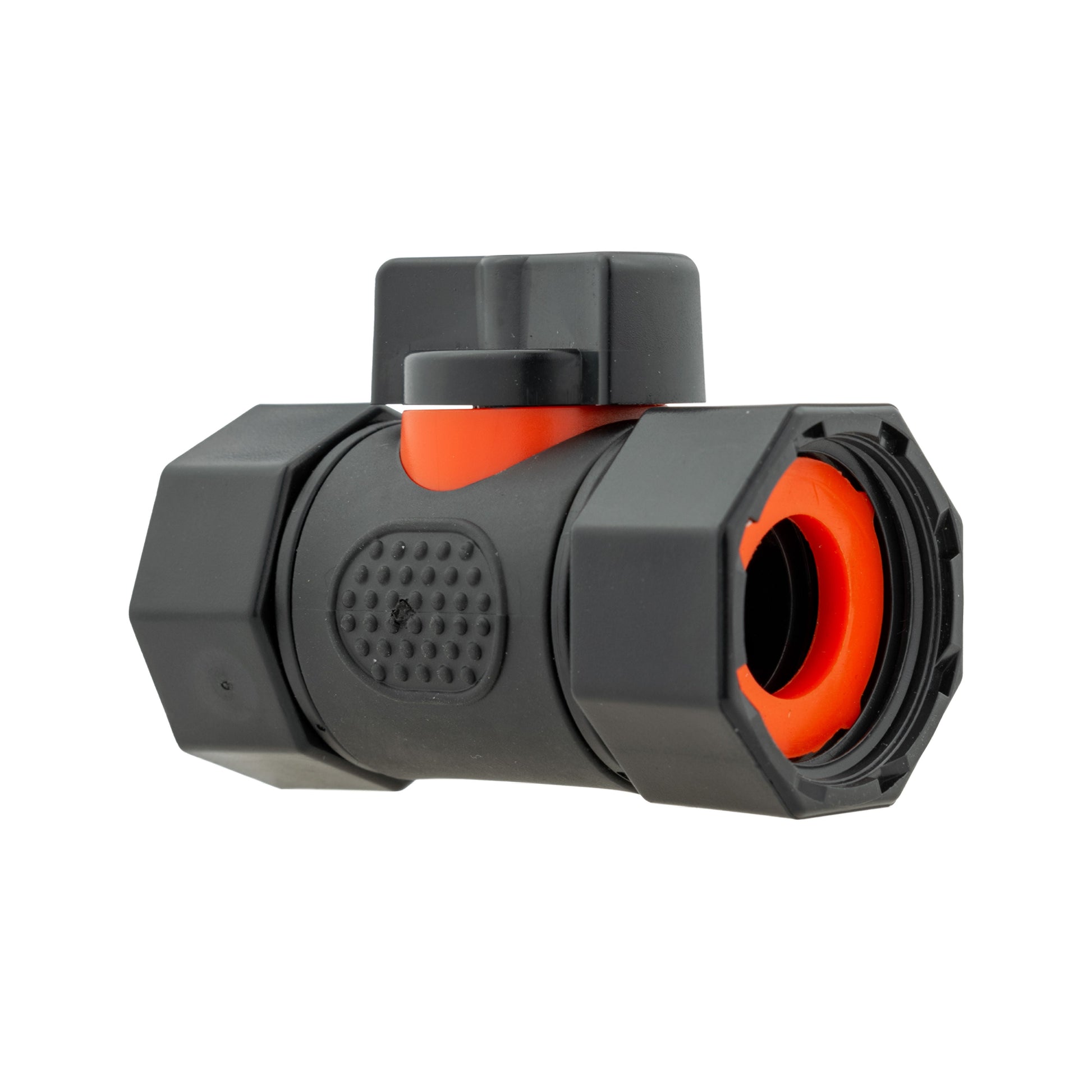 In-line BSPF valve showing orange insert and black threaded hose connections
