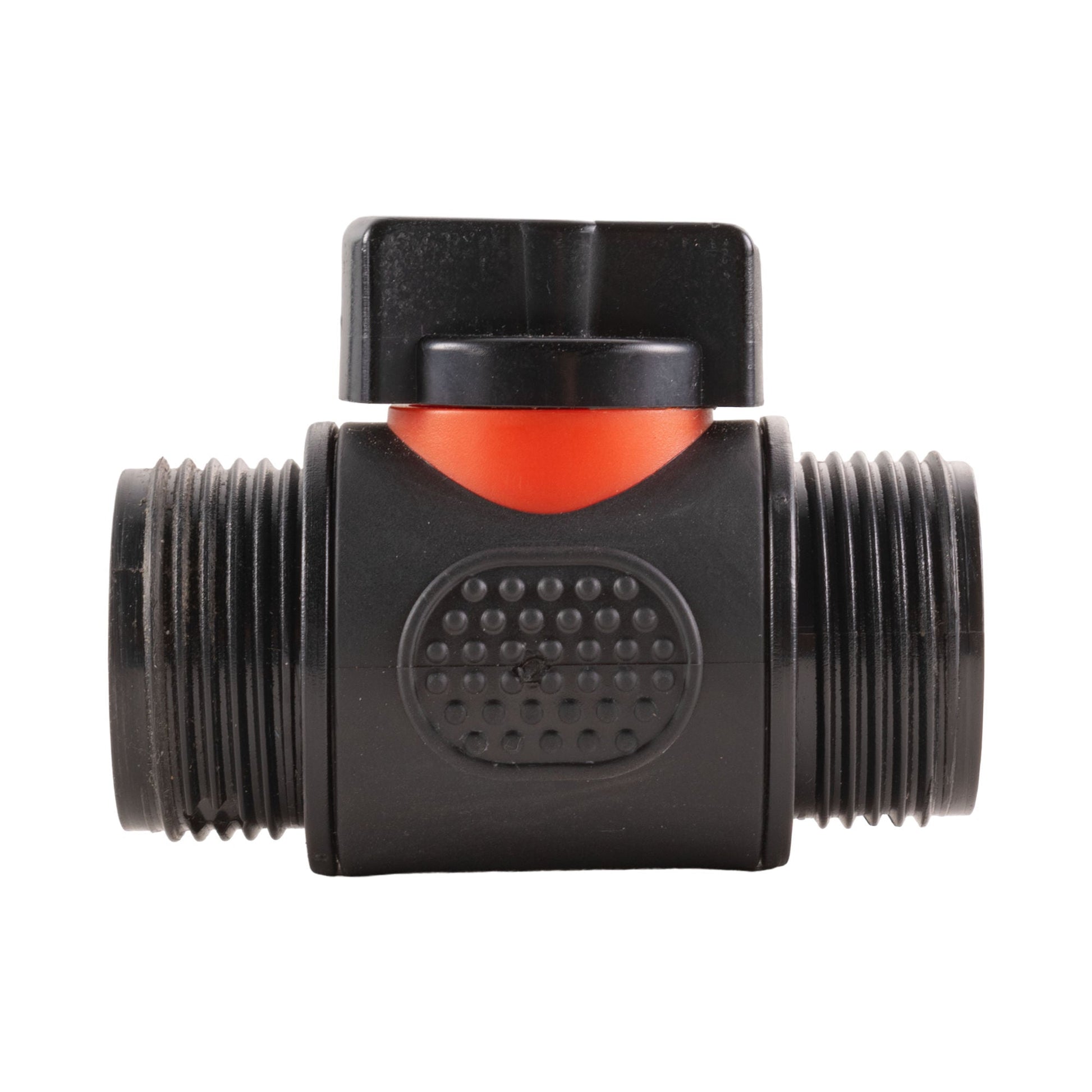 Black inline soft touch valve, 3/4" BSPM, orange insert and ribbed threads