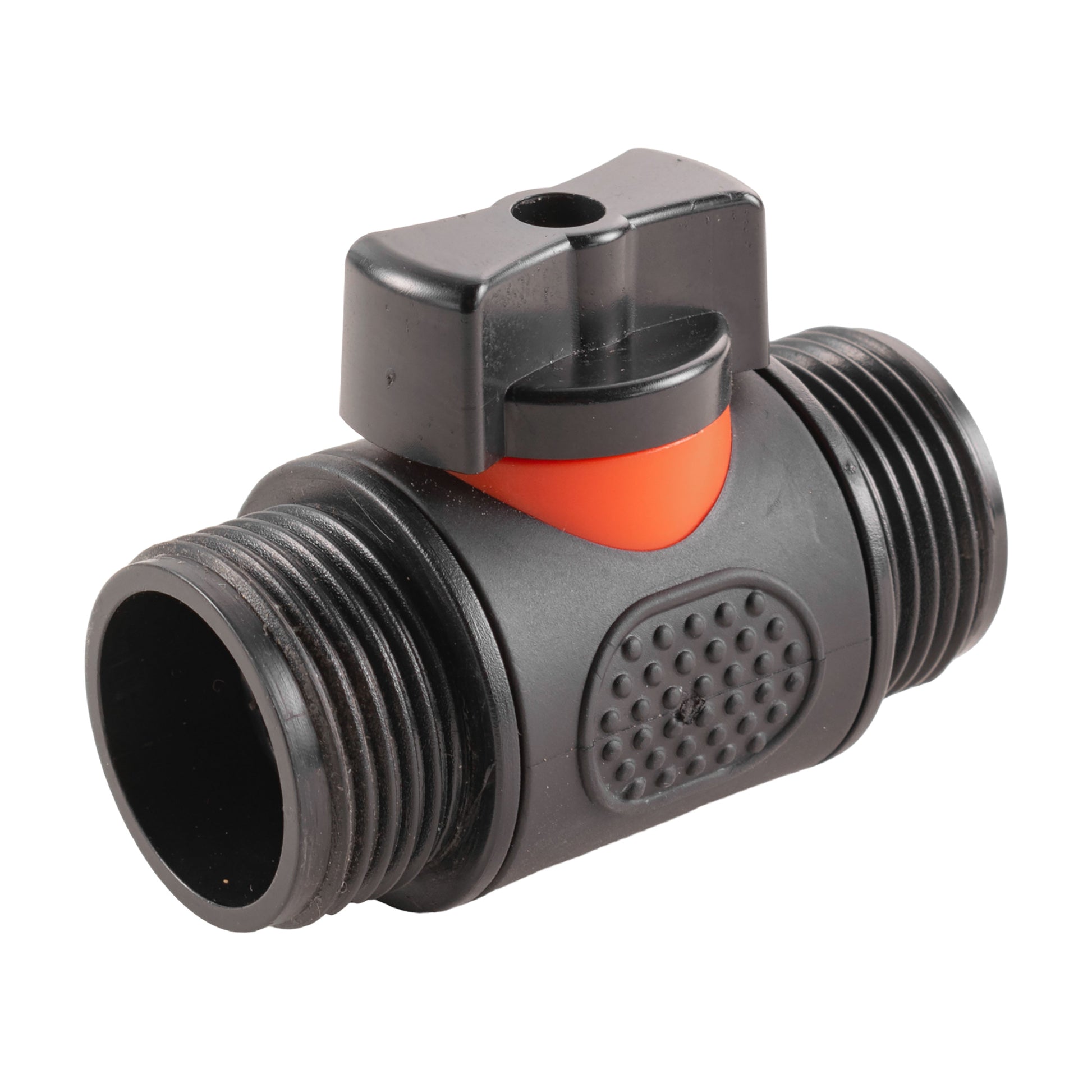 Valve connector with orange insert, textured panel, and ribbed threaded pipe ends