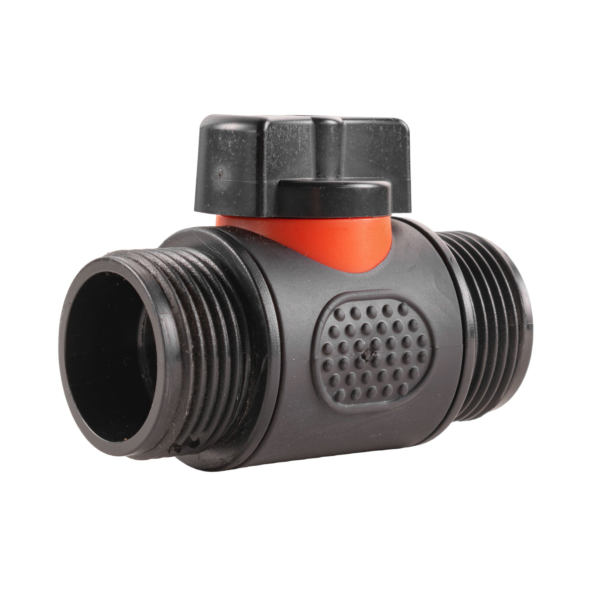 In-line valve body with orange insert and threaded connections, black plastic