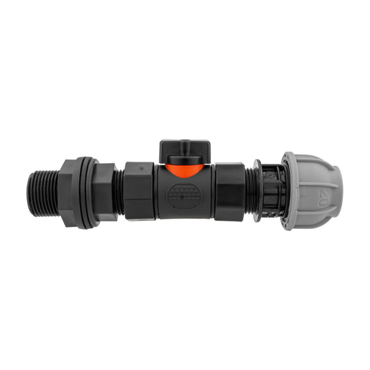 3/4" BSP to 20mm MDPE straight water butt connector with inline shut-off valve