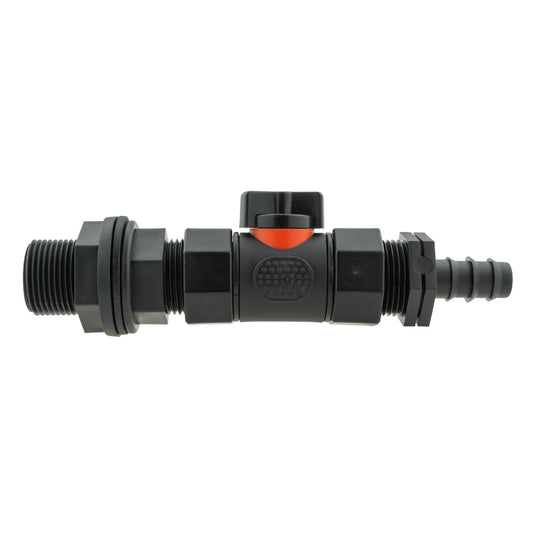 Water butt connector with in-line BSPF valve and 16mm barbed straight outlet