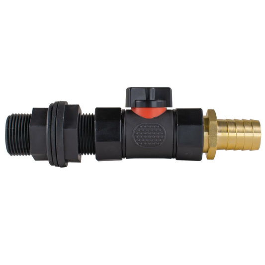 3/4" BSP water butt connector with inline BSPF valve, red lever, 19mm brass barb
