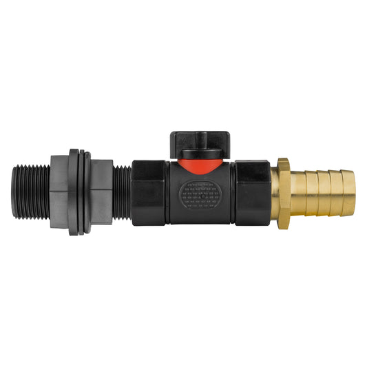 Water butt connector 3/4" BSP with in-line valve and 25mm brass barb, black and brass