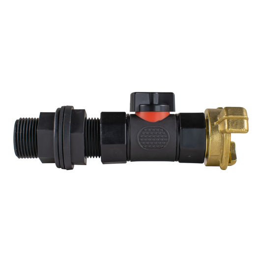 3/4" BSP water butt connector with inline valve; brass Geka-style fitting, black body
