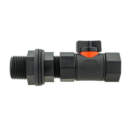 Water Butt Connector with in-line BSPF threaded valve, 3/4" BSP ports, black body