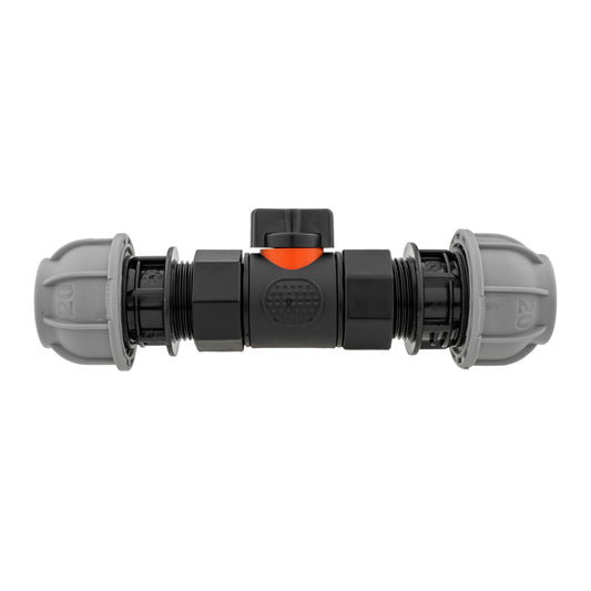In-line BSPF valve with 2×20mm MDPE straight connectors, orange indicator window