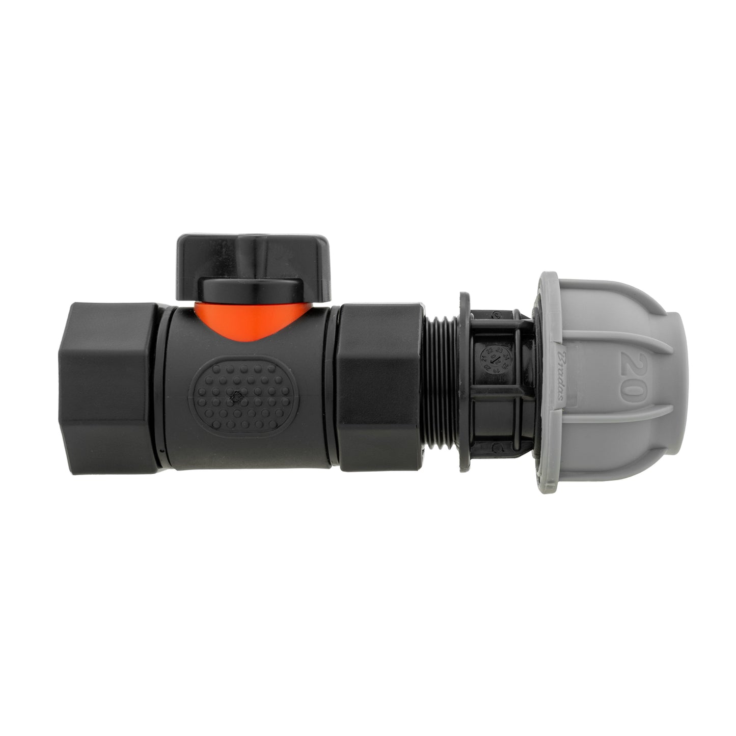 20mm MDPE straight inline BSPF threaded valve with black lever and orange indicator