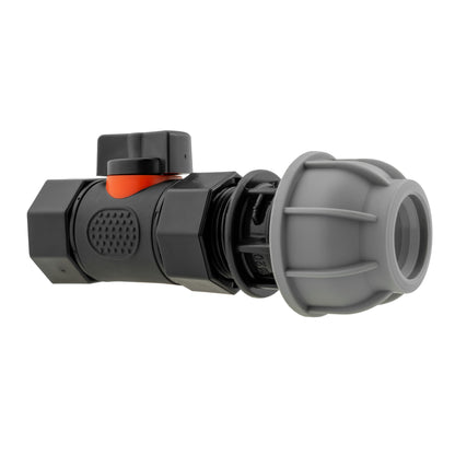 20mm MDPE inline BSPF threaded valve, black body with grey end connector and orange button