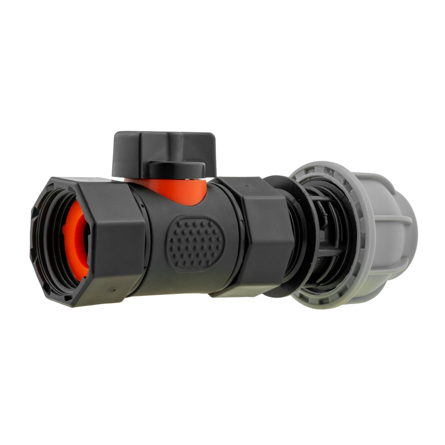 20mm MDPE straight inline BSPF threaded valve showing open side ports and orange insert