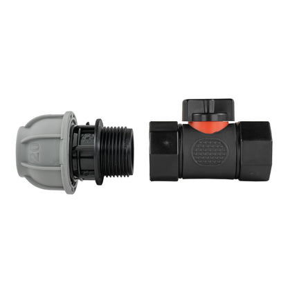 20mm MDPE inline BSPF threaded valve end view with grey cap markings and black knurled thread