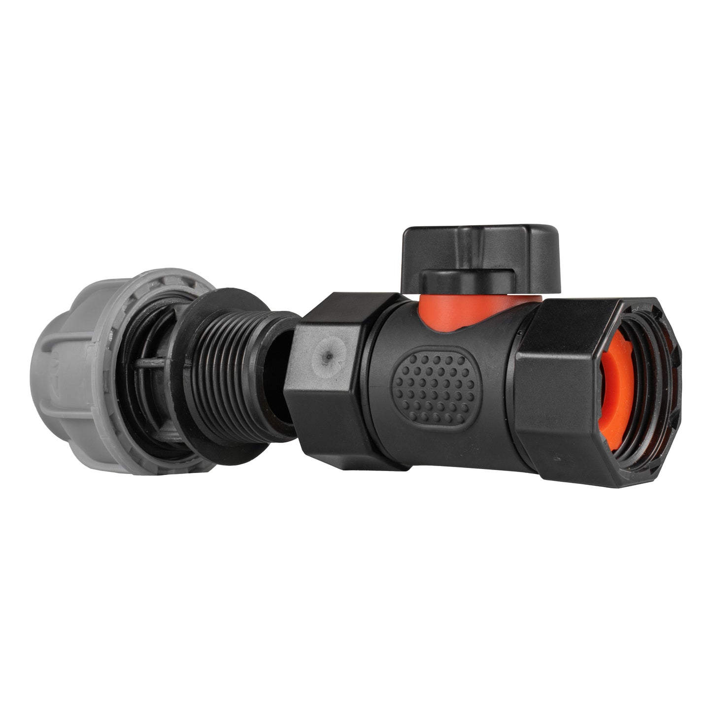 20mm MDPE straight inline BSPF threaded valve side view with orange sealing ring and black body