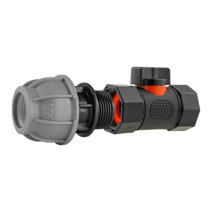 20mm MDPE inline BSPF threaded valve with exposed internal threads on grey end