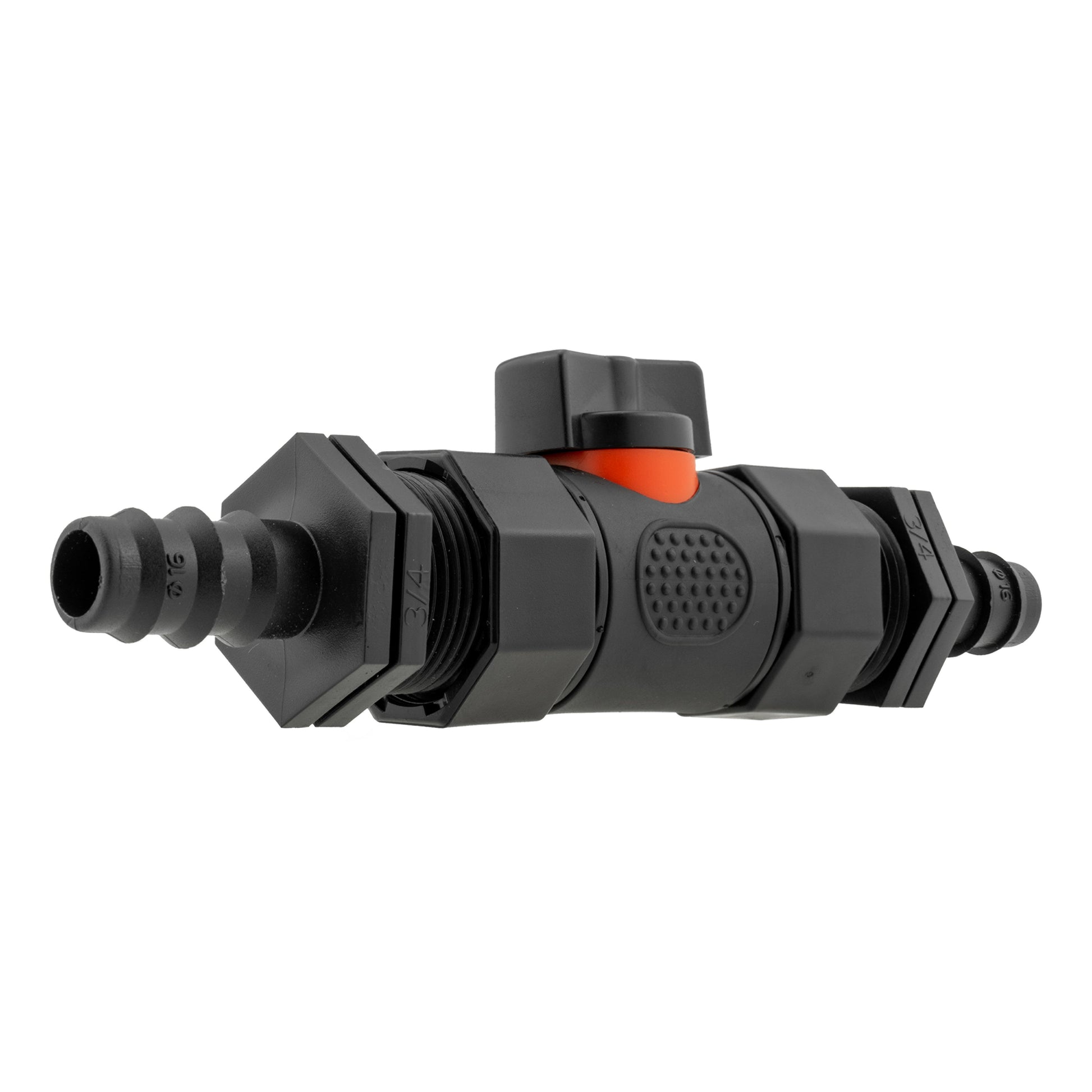 Inline BSPF valve side view: black barbed ends, textured center, red/orange control cap