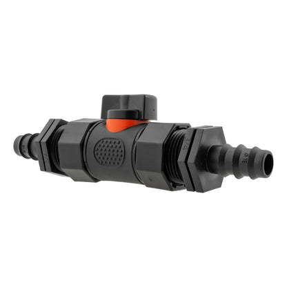 Inline BSPF valve end view: black body with textured center and red/orange control cap