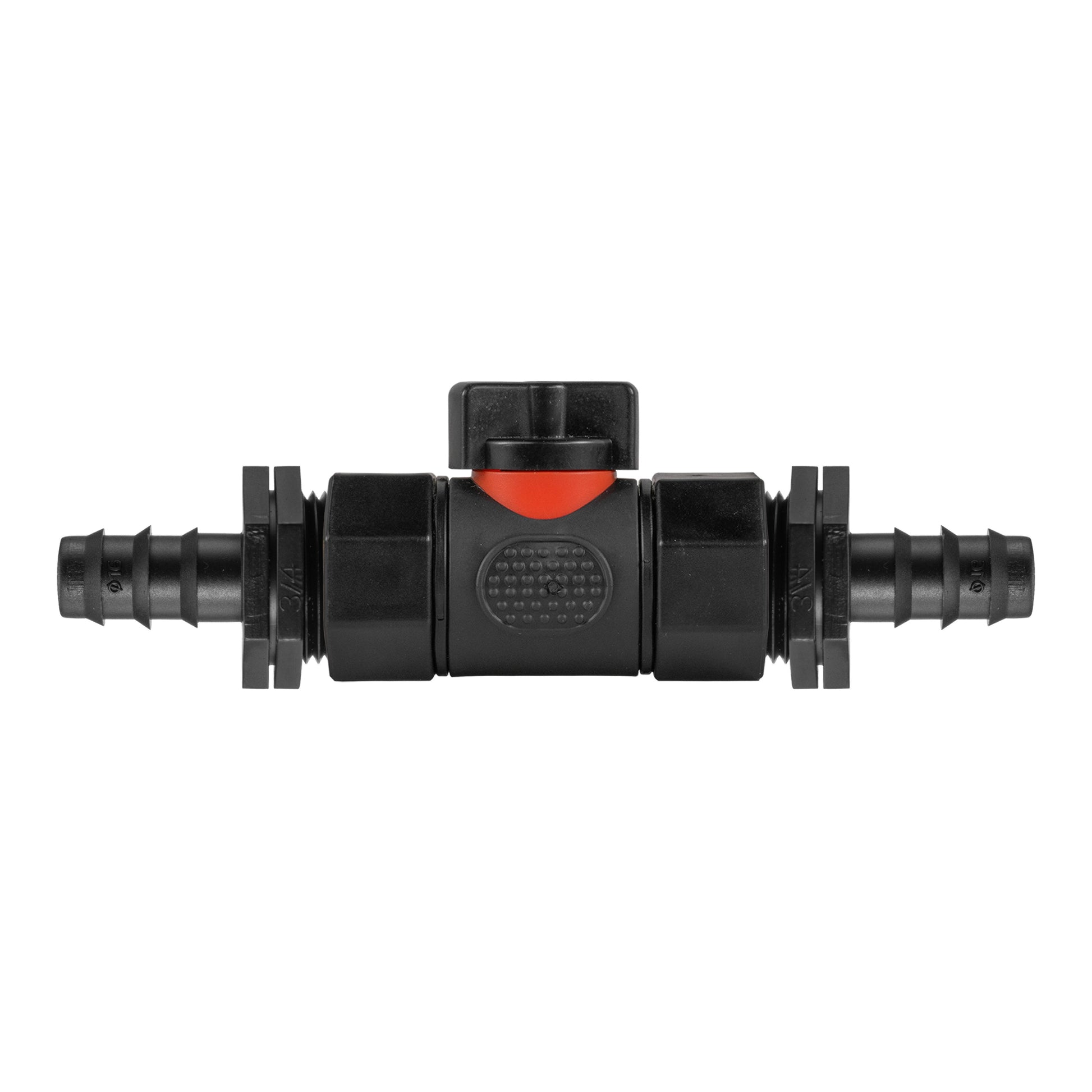 Inline BSPF valve with barbed straight connectors, black body and red indicator