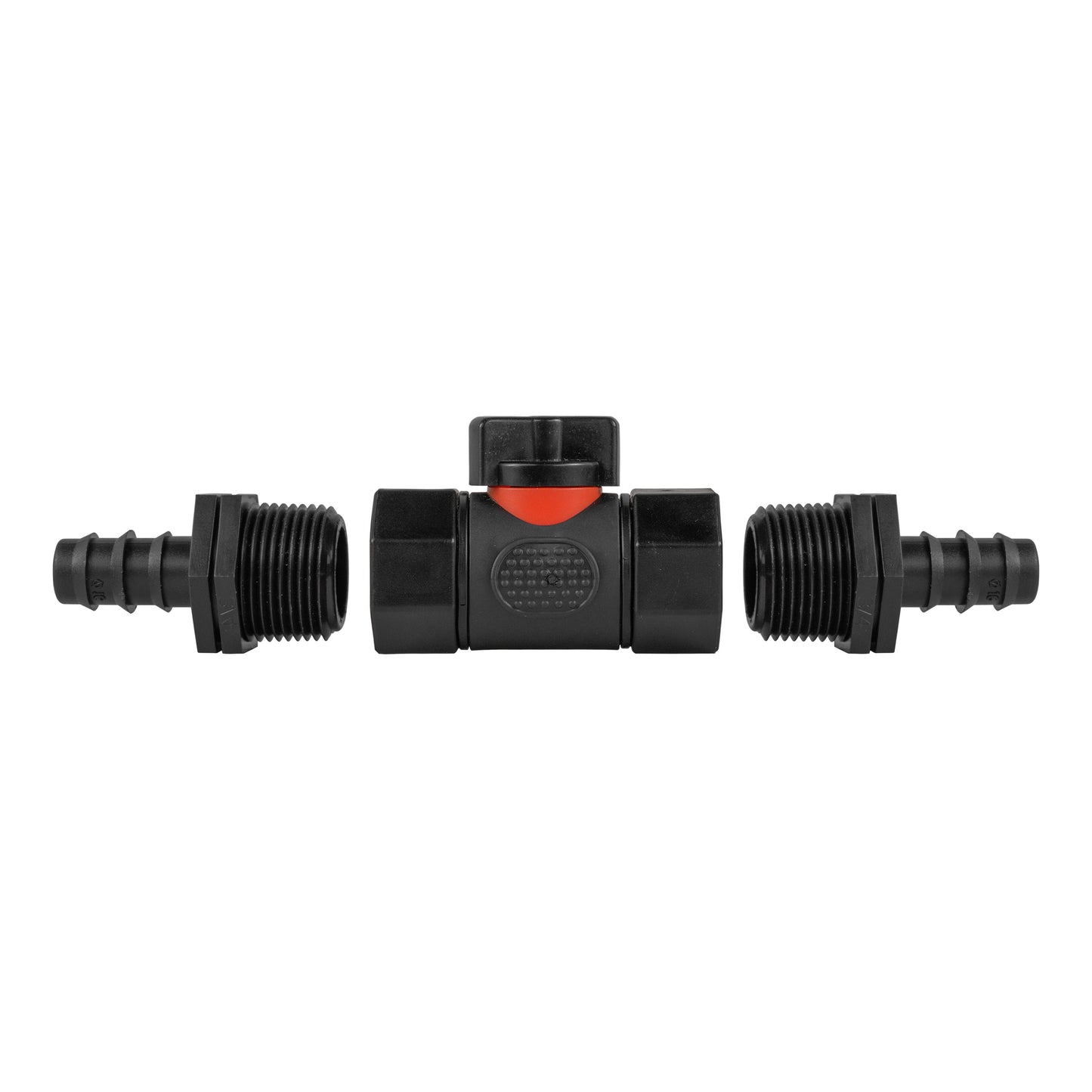 Inline BSPF valve front view with threaded couplings on both ends and red/orange indicator