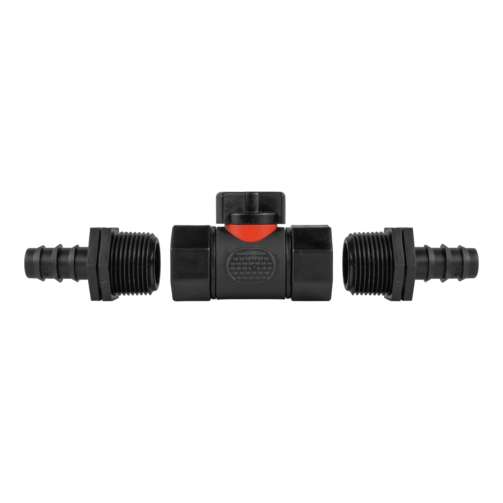 Inline BSPF valve front view with threaded couplings on both ends and red/orange indicator