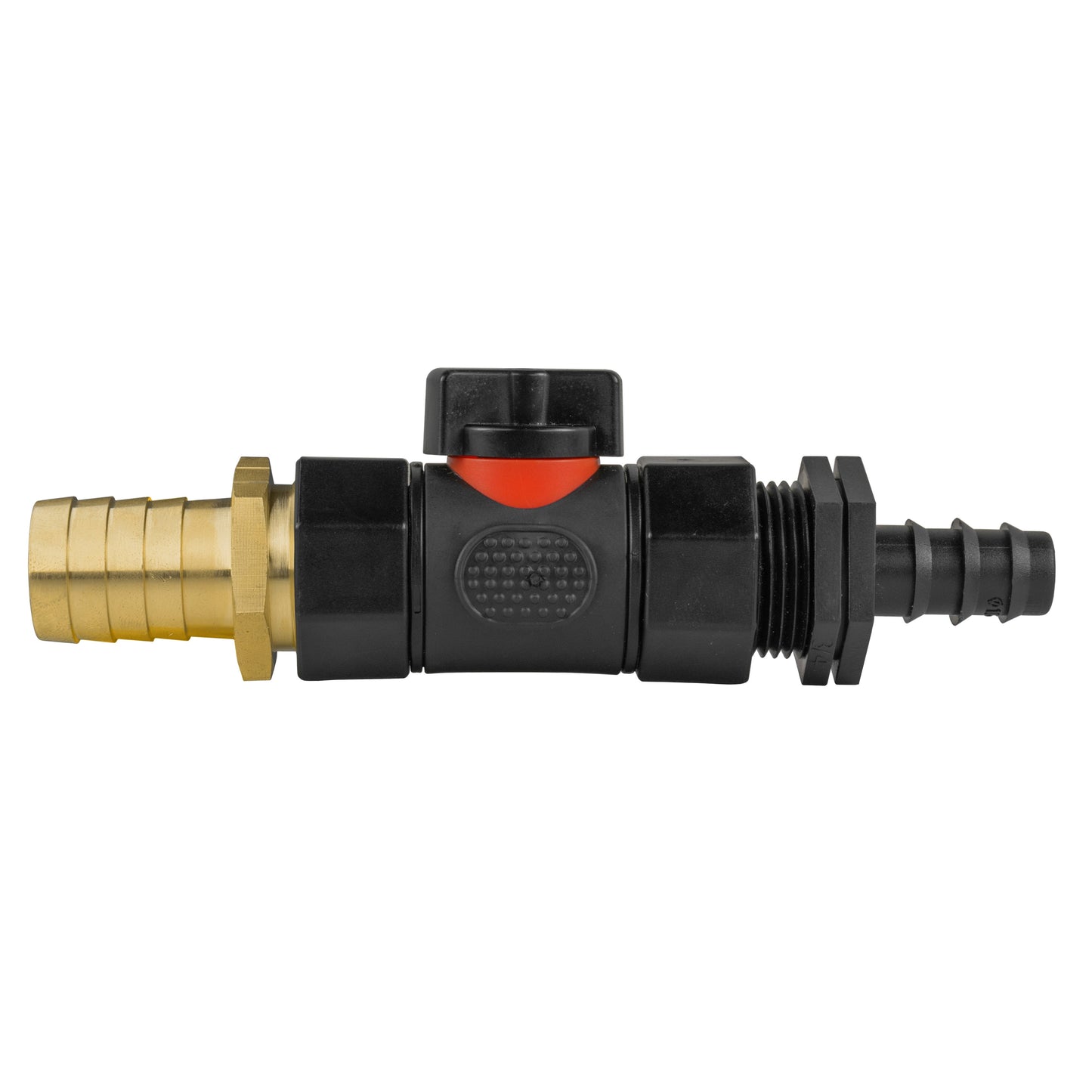 16mm barbed straight inline BSPF valve with brass barbs, black housing and orange indicator