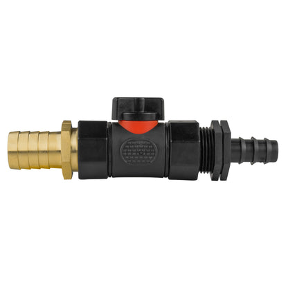 16mm barbed straight inline BSPF valve with brass barbs, black housing and orange indicator
