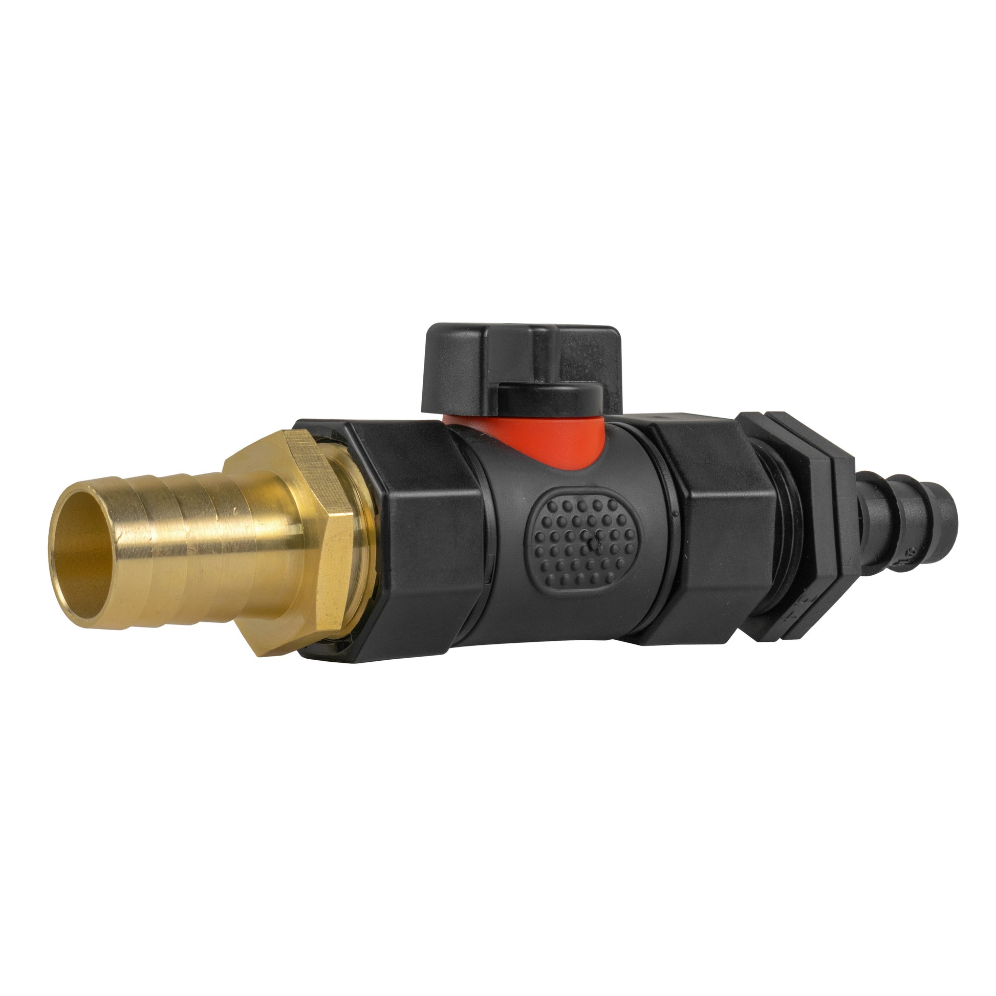 Inline BSPF valve with brass barbed outlet, black plastic body, orange cap and grip