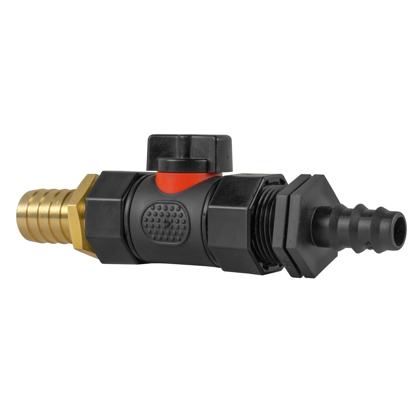 Brass barbed straight valve with black threaded end, orange indicator, barbed fitting