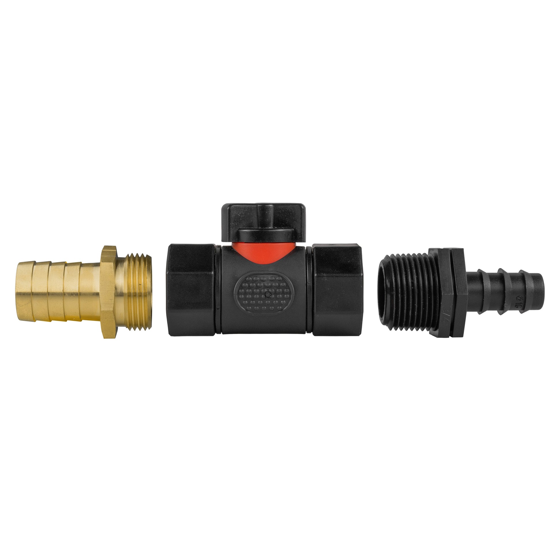 16mm barbed straight BSPF valve, brass barbed and threaded ends, black body, orange lever